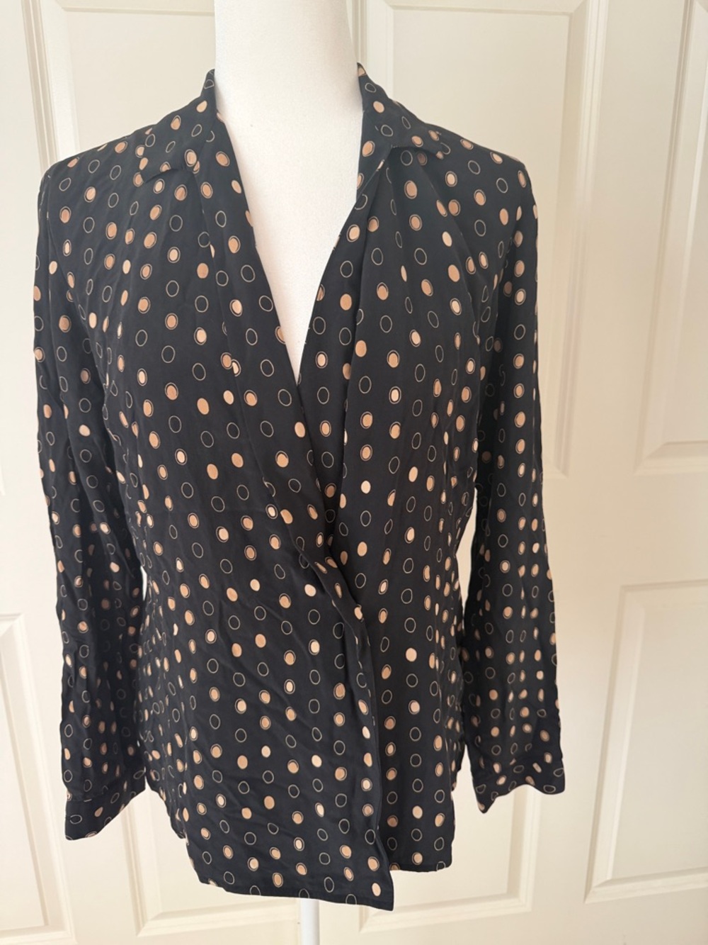 Liz Claiborne Vintage 100% Silk Drape Front Top with Tan Dot Print